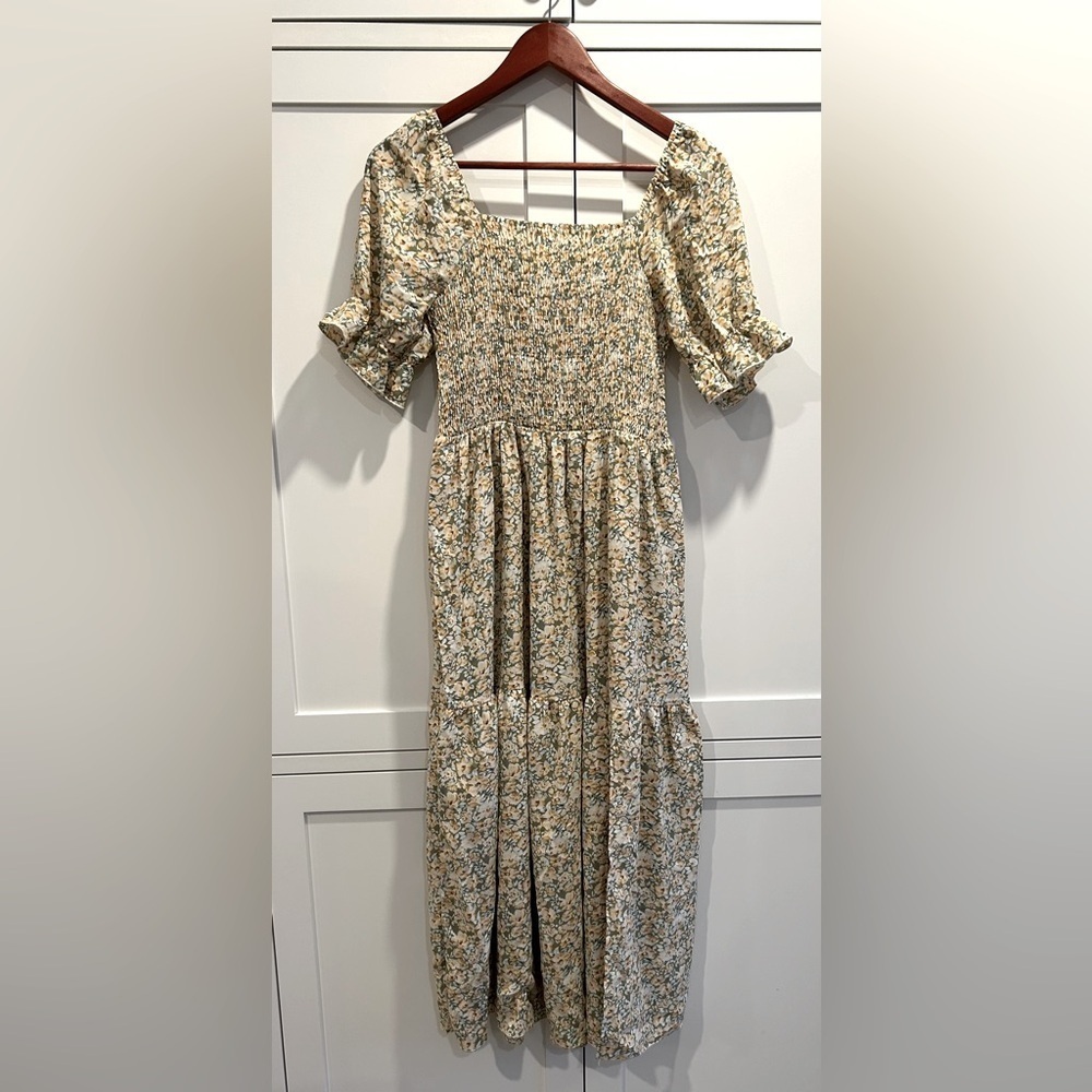 Floral Green Cream Long Maxi Smocked Dress Ruffle Sleeves Sz small